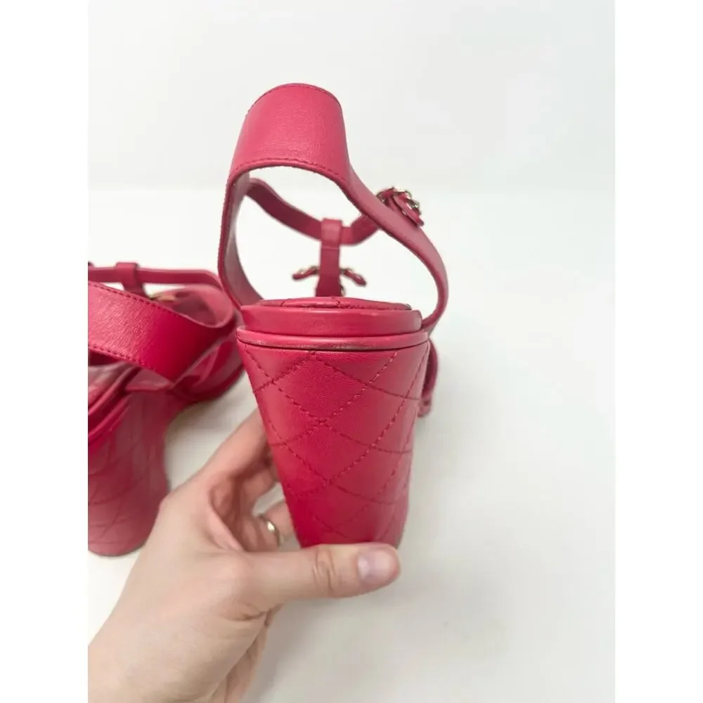 Chanel Interlocking CC Quilted Sandal Logo Red Pink Leather size 42 EU 11 US